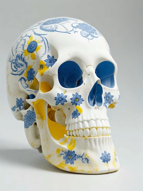 Crâne humain blanc avec couleur Delft autour du crâne