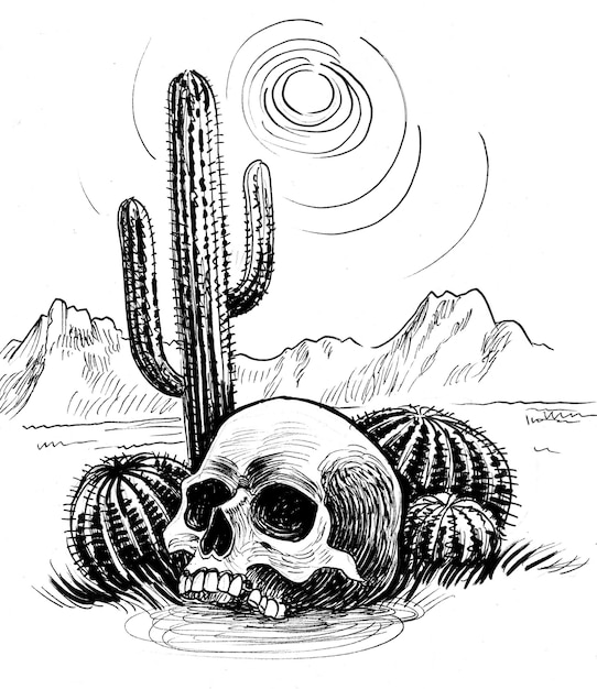 Crâne humain et cactus dans le désert. Dessin noir et blanc à l'encre