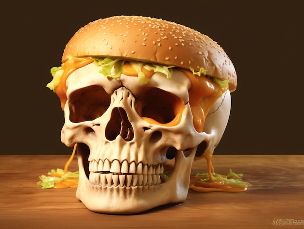 Un crâne humain avec un cheeseburger sur le dessus