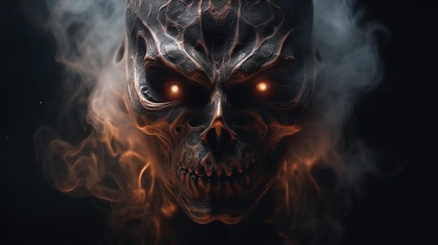 Crâne humain avec de la fumée sur fond noir Halloween conceptgenerative ai