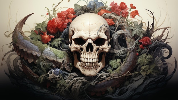 Crâne avec illustration de serpent Dessin de tatouage coloré avec crâne et serpent génératif a