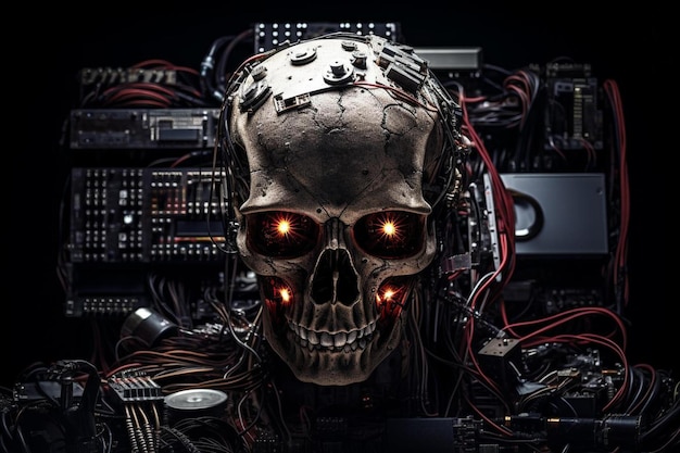 un crâne avec des lumières orange dessus est assis devant un tas d'appareils électroniques.