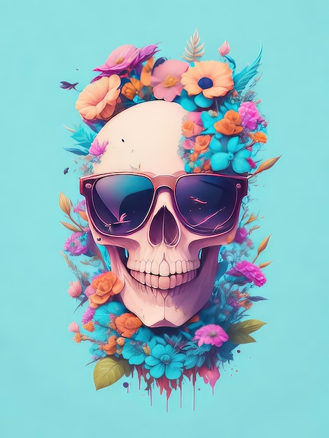 Un crâne avec des lunettes de soleil et des fleurs dessus