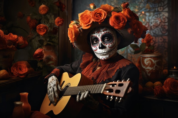 Crâne maquillage closeup portrait Catrina jouant de la guitare pour le jour des morts concept de vacances traditionnelles