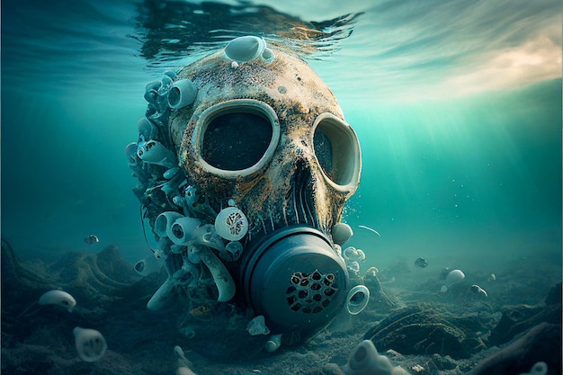 Crâne avec masque à gaz dans la mer concept de contamination par la pollution