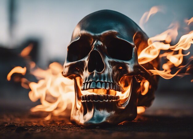 Photo un crâne en métal en feu