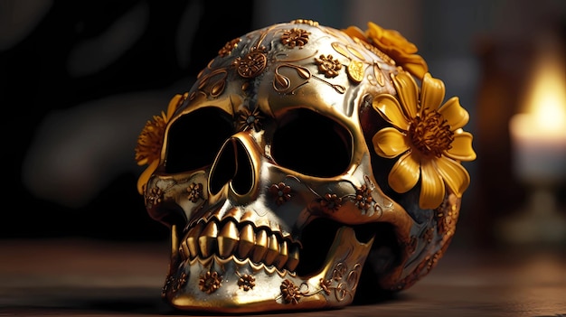 Crâne mexicain rituel décoré de fleurs colorées vue droite