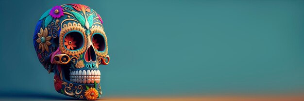 Crâne mexicain typique avec des fleurs peintes sur fond plat IA générative panoramique