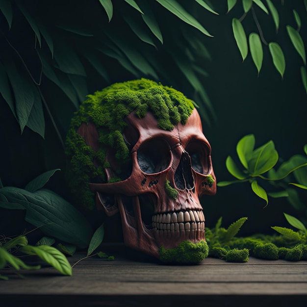Un crâne avec de la mousse dessus et une plante verte derrière.