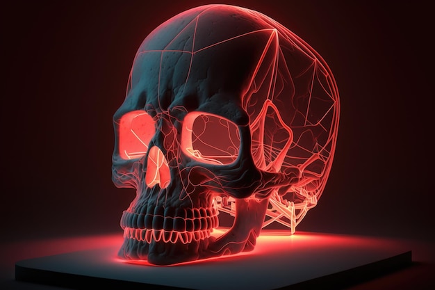 Crâne de néon brillant sur fond sombre AI générative