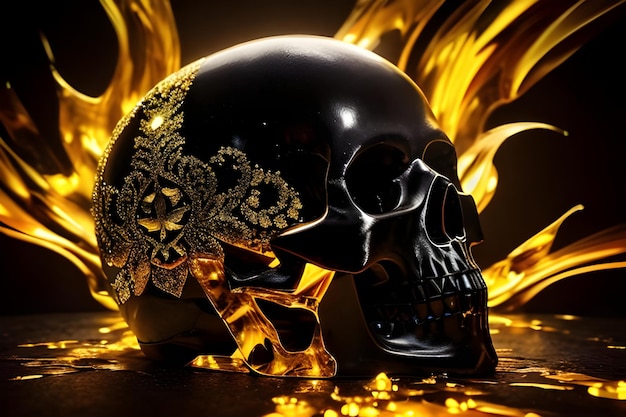 Un crâne noir avec des embellissements dorés et un fond noir