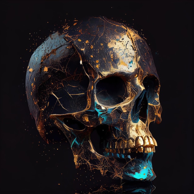 Crâne noir or squelette humain gothique visage crâne de luxe sur fond sombre illustration AI générative