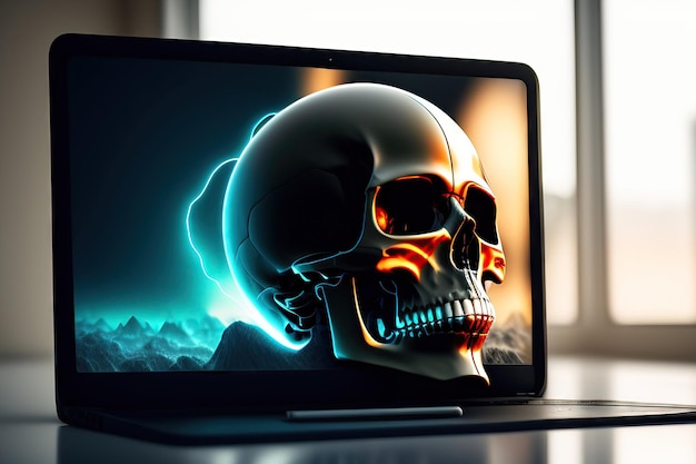 Crâne numérique sur écran d'ordinateur portable Virus informatique Ordinateur portable avec crâne de code matriciel