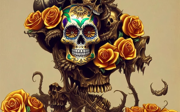 Crâne en or avec des fleurs et des vignes fond fantasmagorique pour le jour des morts