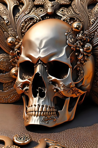 Un crâne en or avec un motif floral dessus.