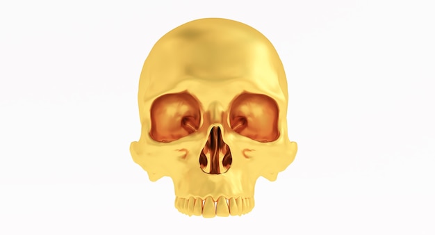 Crâne d'or et os croisés isolé sur fond blanc.