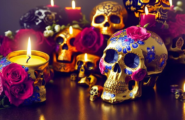 Crâne d'or pour le jour des morts dia de los muertos avec des bougies et des fleurs