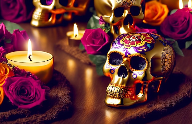 Crâne d'or pour le jour des morts dia de los muertos avec des bougies et des fleurs