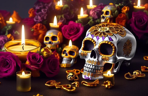 Crâne d'or pour le jour des morts dia de los muertos avec des bougies et des fleurs