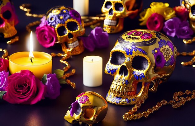 Crâne d'or pour le jour des morts dia de los muertos avec des bougies et des fleurs