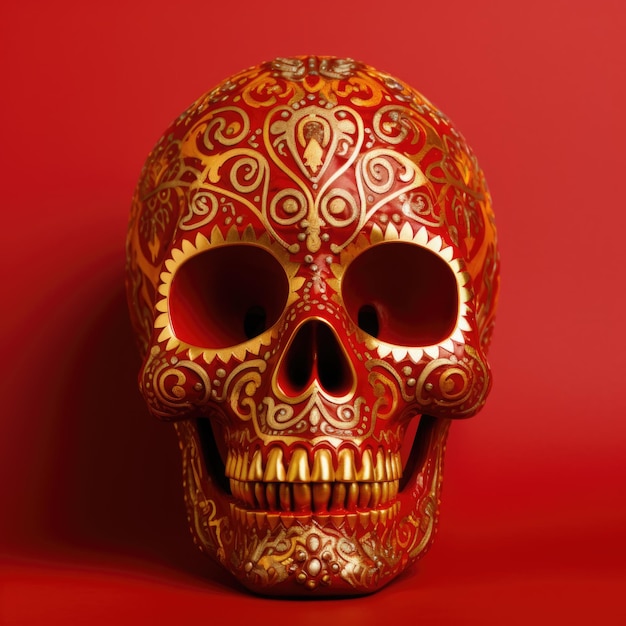 Crâne d'or avec des roses rouges horreur biologique diable mort giger épique