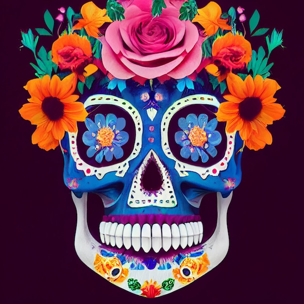 Crâne orné de fleurs thème jour des morts Mexique