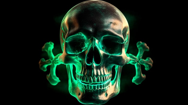 Crâne et os croisés humains effrayants mystiques brillant dans le noir AI générative