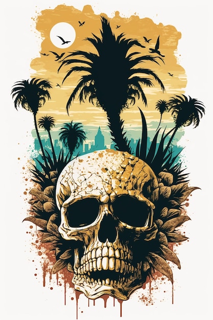 Un crâne avec un palmier en arrière-plan