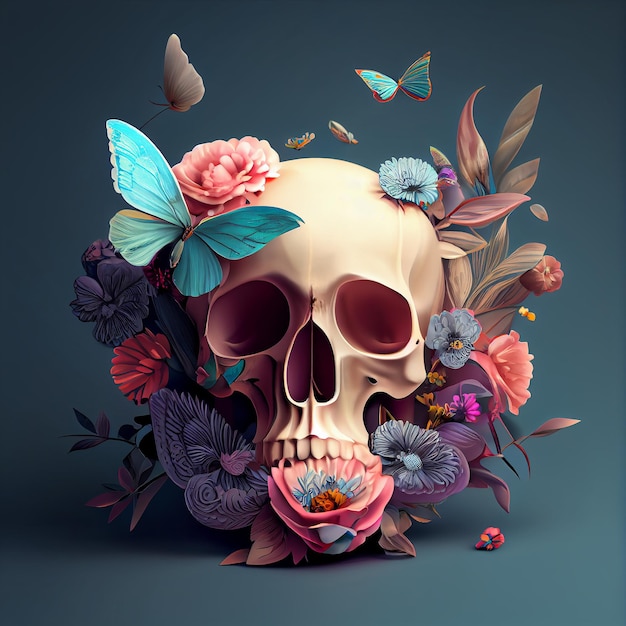 Un crâne avec un papillon dessus est entouré de fleurs et de papillons.