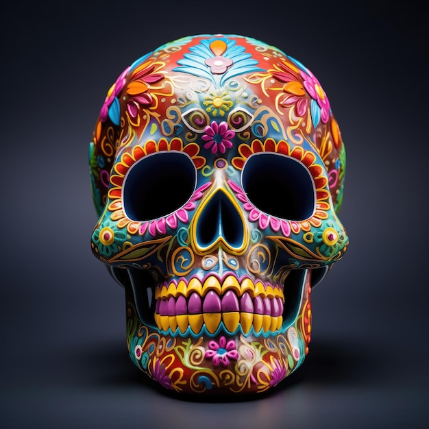 Crâne peint avec des couleurs florales et vives pour le jour des morts