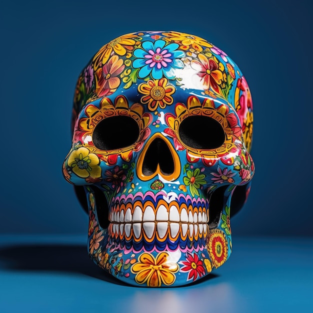 Crâne peint avec des couleurs florales et vives pour le jour des morts
