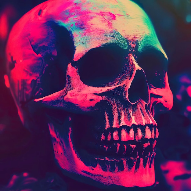 Crâne avec peinture vive Concept Spooky Concept Halloween ou Santa Muerte Arrière-plan futur rétro