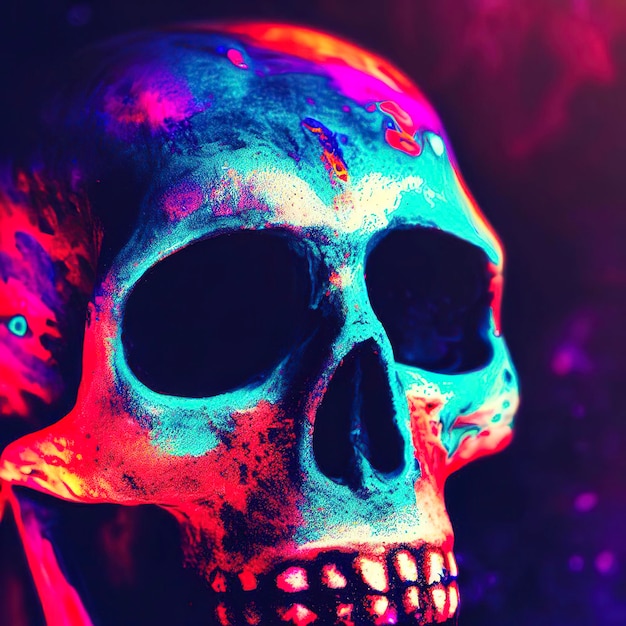 Crâne avec peinture vive Concept Spooky Concept Halloween ou Santa Muerte Arrière-plan futur rétro