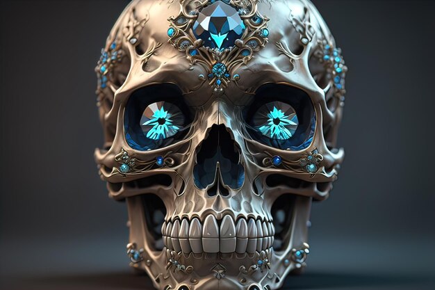 Crâne avec des pierres précieuses bleues ai générative
