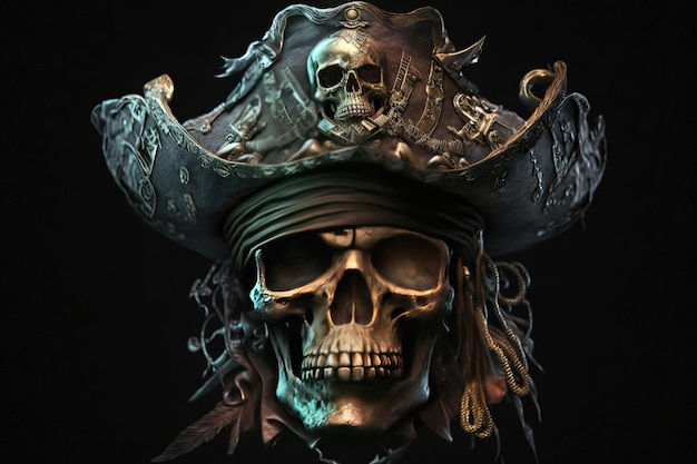 Crâne de pirate portant un chapeau noir classique avec le symbole emblématique Jolly Roger gravé dessus. Généré par AI