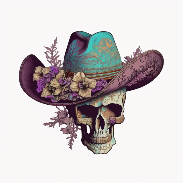 crâne portant un chapeau avec des fleurs et une plume générative ai