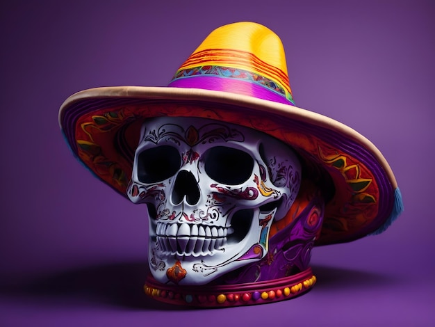 Un crâne portant un sombrero et un chapeau violet