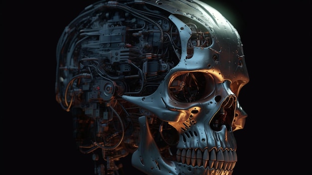 Crâne de robot cyborg futuriste de haute technologie en fer brillant en métal sur fond noir généré par l'IA