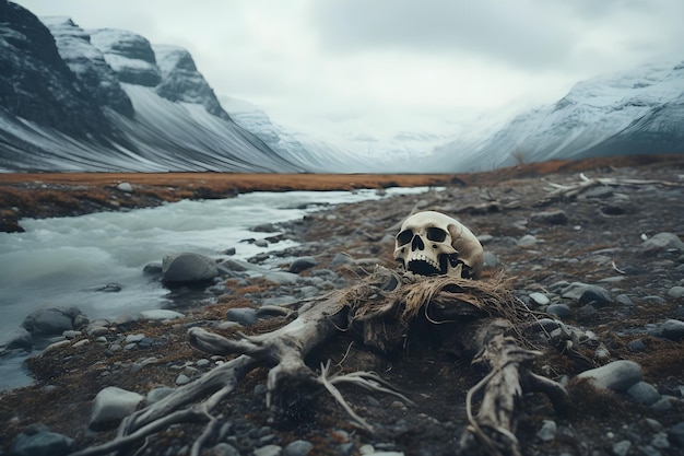 Crâne sur le rocher avec des montagnes en arrière-plan
