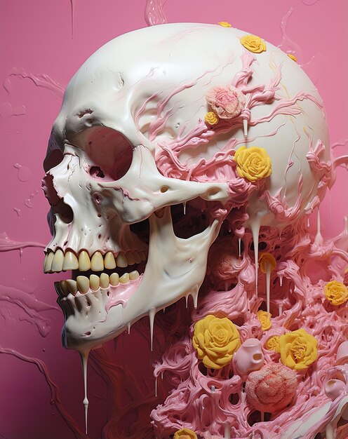 Photo un crâne rose et blanc avec des fleurs jaunes dessus