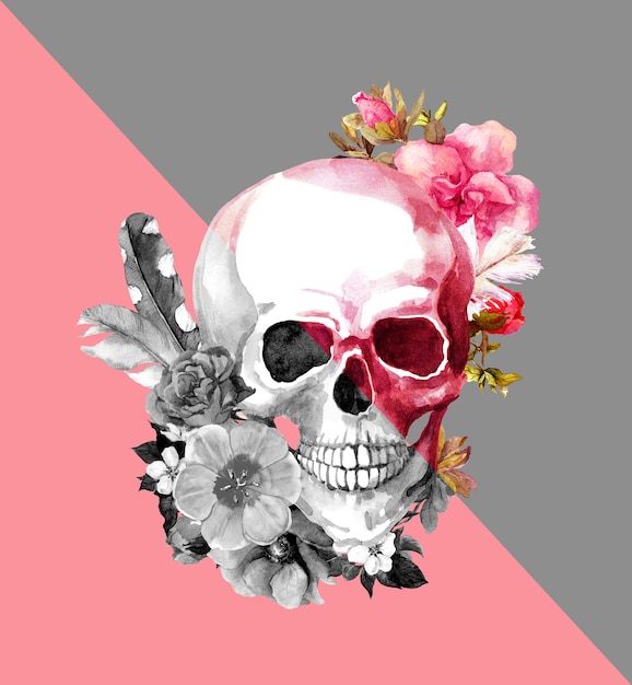 Crâne rose et gris avec des fleurs. Illustration de mode avec des bords dynamiques