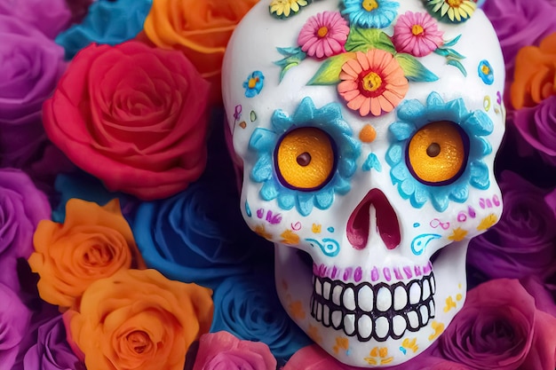 Crâne de sucre Calavera traditionnel décoré de fleurs Le jour de l'illustration 3D morte