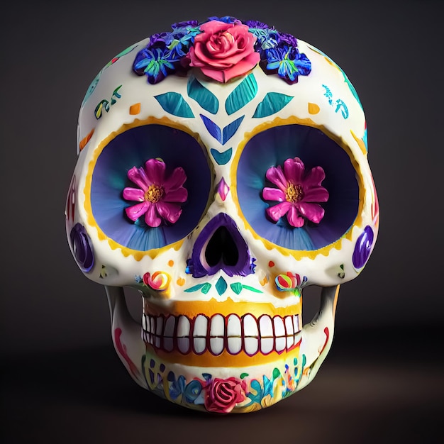 Crâne de sucre Calavera traditionnel décoré de fleurs Le jour de l'illustration 3D morte