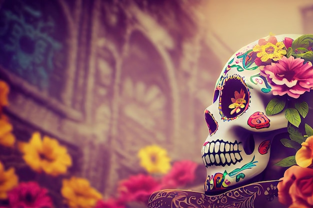 Crâne de sucre Calavera traditionnel décoré de fleurs Le jour de l'illustration 3D morte