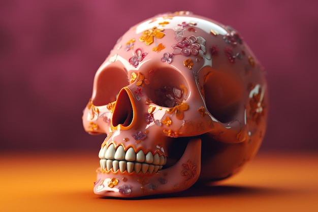 Crâne de sucre calavera traditionnel décoré de fleurs le jour des morts IA générative