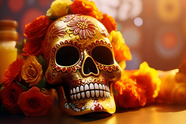 Un crâne de sucre coloré avec des fleurs de souci