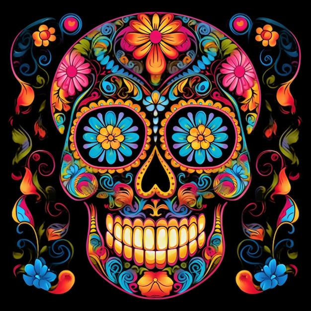 Crâne de sucre couleurs vibrantes spectaculaires crâne décoré d'ornement style caprice clip art sur b