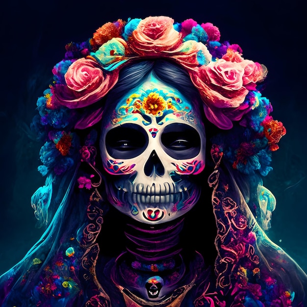 Photo crâne de sucre femme psychédélique halloween fond coloré ai générative