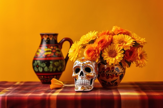 Crâne de sucre festif à côté d'un vase plein de fleurs sur une table avec une nappe en flanelle sur un mur jaune Célébrant le Jour des Morts Créé avec la technologie IA générative