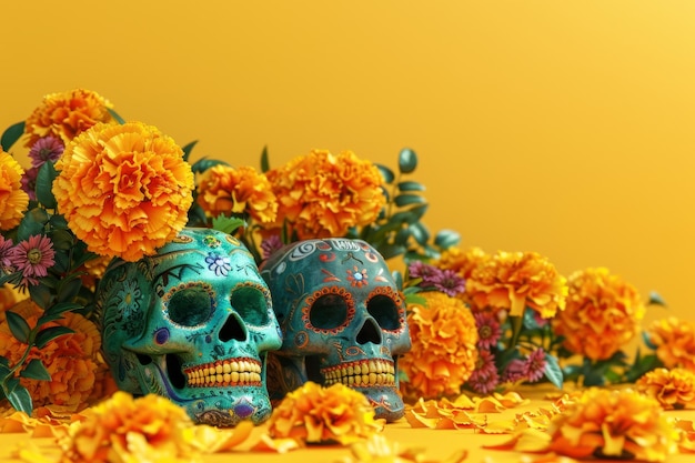 crâne de sucre et des fleurs en arrière-plan le jour du concept des morts
